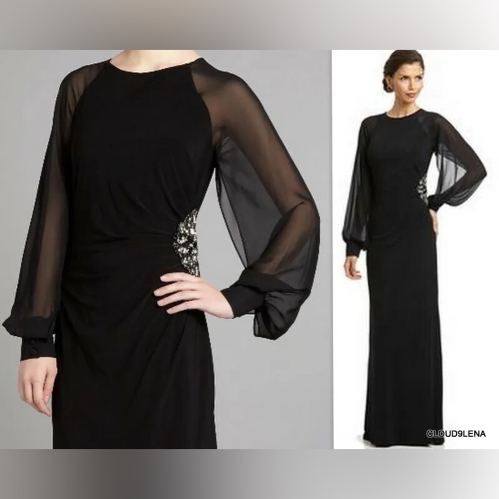 ELIZA J. | Navy Sheer Sleeves Embellished beaded Waist Long Dress Gown | Size 4